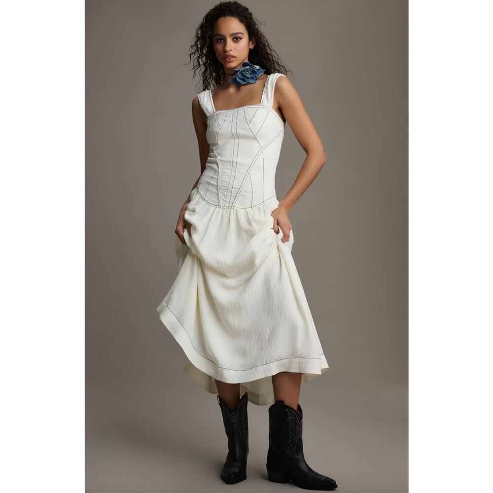 By Anthropologie Sleeveless Square-Neck Twofer Midi Dress